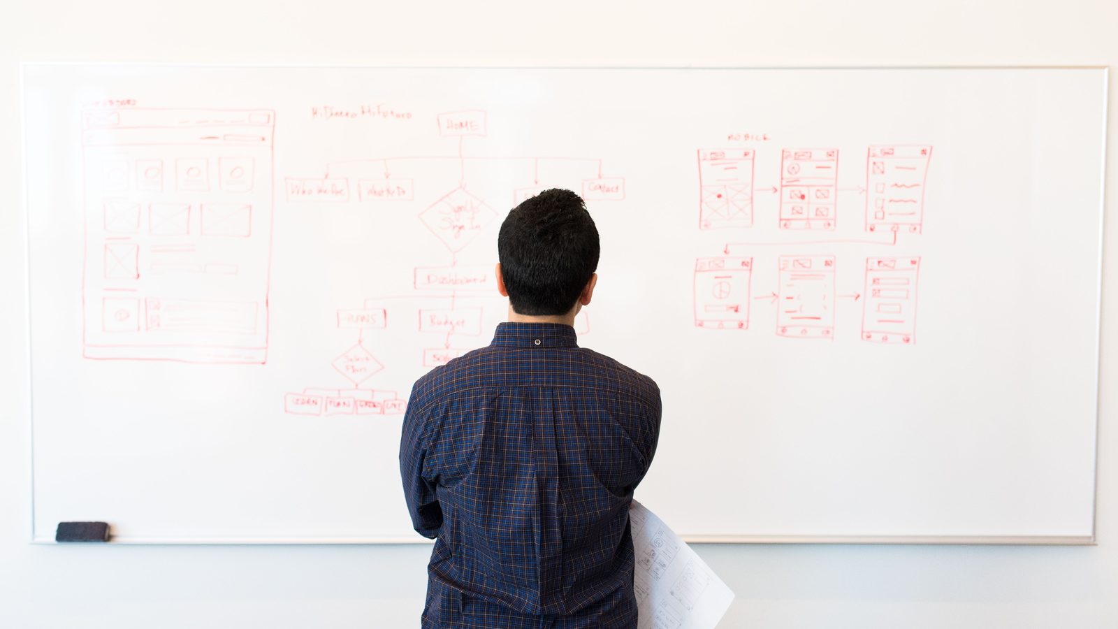Arquitecto revisando flujos y diagramas en pizarra de planificación